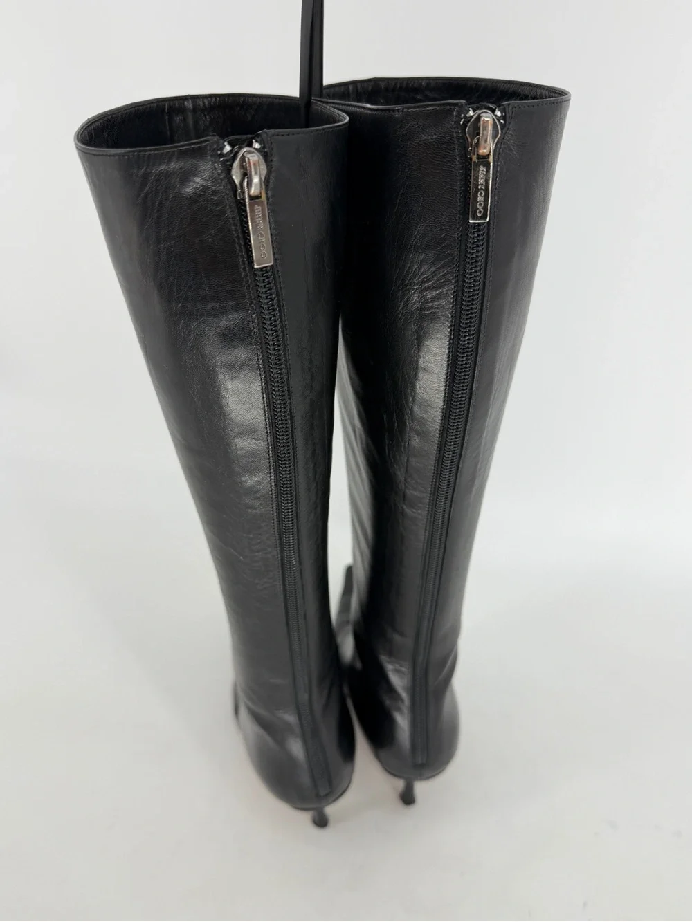 Jimmy Choo Black Leather Stiletto Heel Pointed Toe Boots Size 38.5